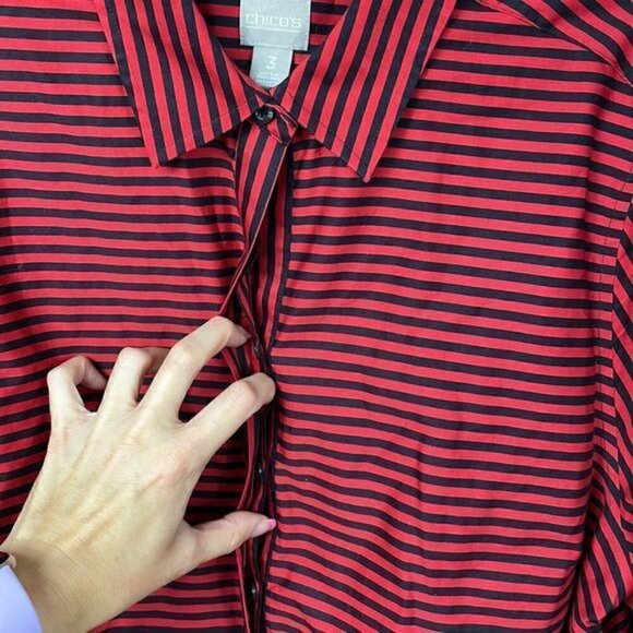 Chicos Button Front Tunic Shirt Long Sleeve Red Black Stripe Wrinkle Resistant 3 - Picture 7 of 10